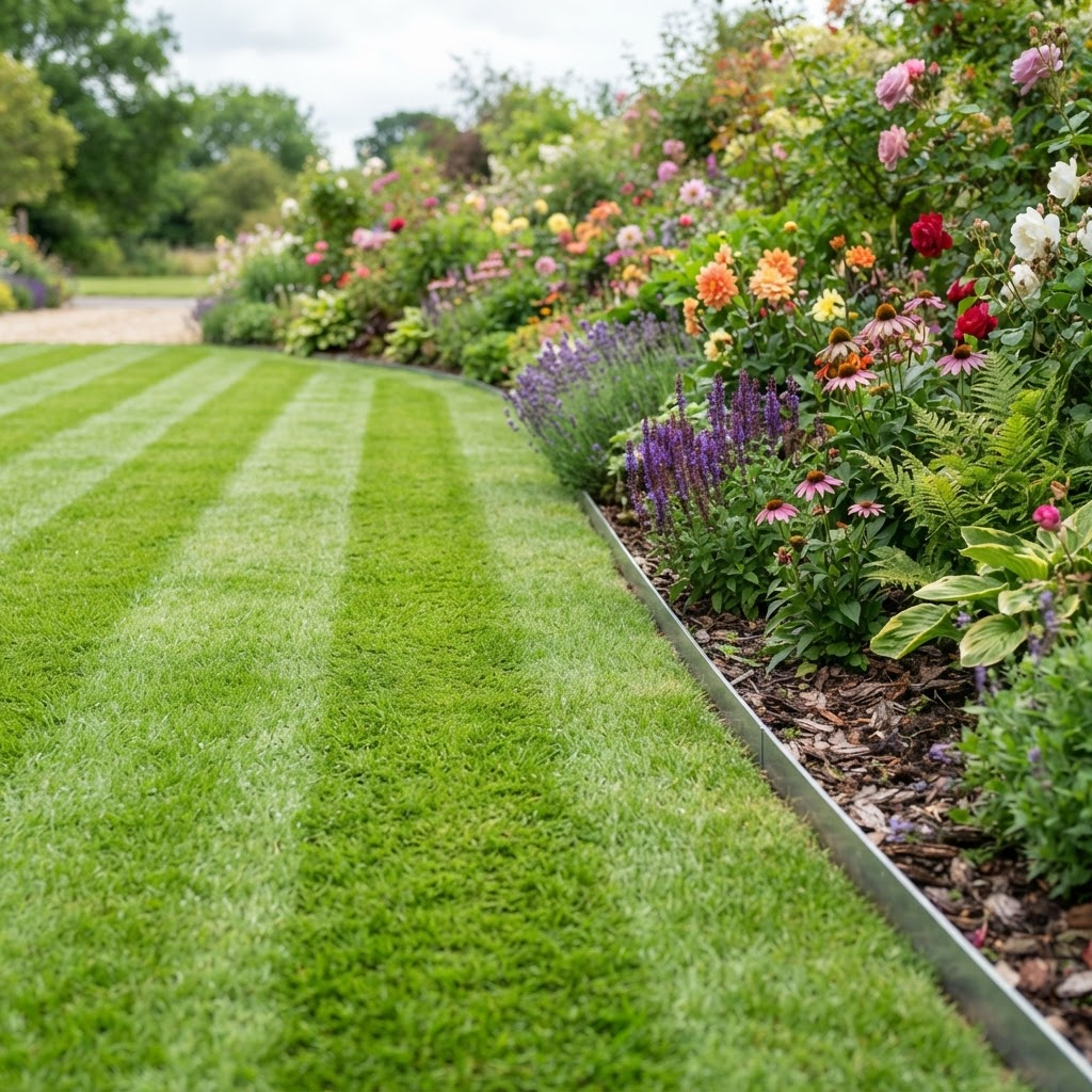 Freshly mowed and striped lawn with neat garden edging