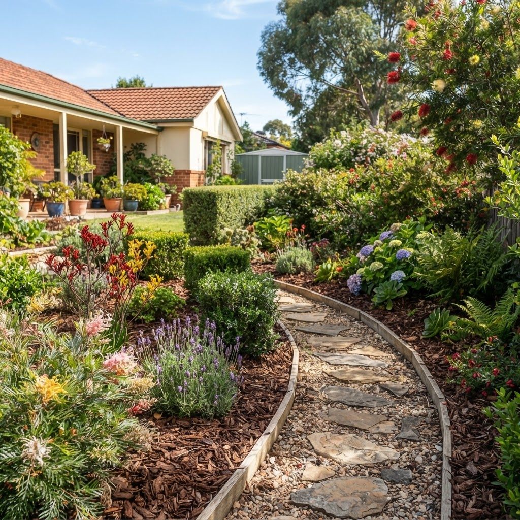 Well-maintained garden with pruned shrubs and tidy flower beds