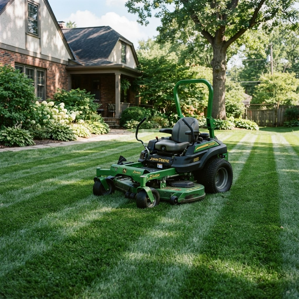Professional lawn mower on a freshly cut green lawn
