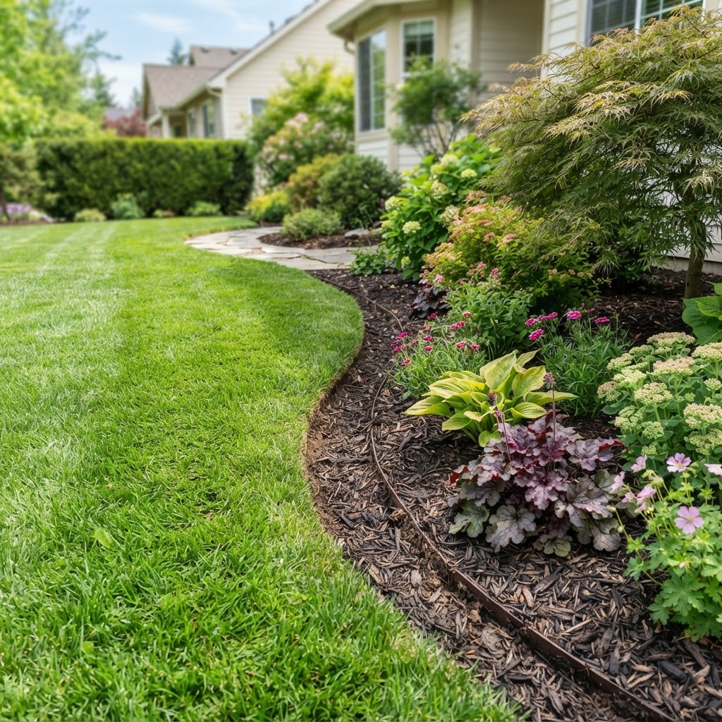 Perfectly edged lawn border meeting a garden bed